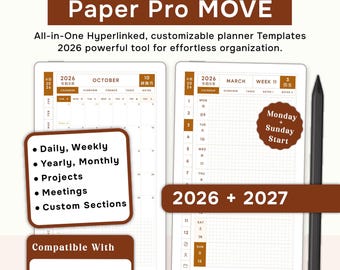 Mainichi Template planner Compatible with Remarkable paper pro Move, Japanese Grid Autumn Weekly Daily 2026 & 2027.
