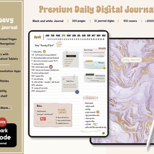 Puede incluir: Un diario digital en una tableta, que muestra un diseño de planificador diario y una cubierta con efecto mármol con detalles dorados. El diario incluye el texto "Premium Daily Digital Journal" y "Dark Mode Journal". El lápiz óptico es blanco.