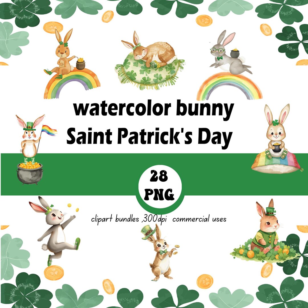 St. Patrick’s Day Bunny Clipart Bundle, 28 PNG Shamrock Rabbit , St ...