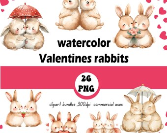 Bunny Watercolor Valentine Clipart 26  PNG, Rabbit Clipart, Hand Painted Love Illustration