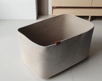 Cotton Rope Basket, Cotton Rectangular Storage Baskets, Decorative Coiled Rope Square Basket, Coiled Rope Basket, Rectangular Rope Organizer