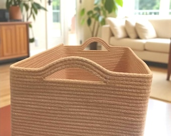 Cesta de almacenamiento de algodón con asas, cesta de cordón de algodón con asas, cesta de baño con asas, cesta de lavandería de cuerda de algodón hecha a mano