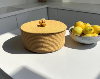 蓋付き丸型コットンロープバスケット、手作り収納ボウル