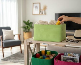 May include: A light green rectangular storage basket filled with beige items. Below, a green basket holds colorful blocks, and a pink basket contains a magazine. The baskets are on a wooden shelf in a living room setting.