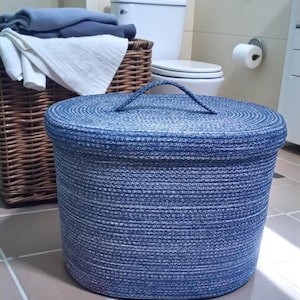 Cesta de cuerda de algodón con tapa, cesta de almacenamiento ovalada, organizador de juguetes, cesta de baño, contenedor para guardar mantas.