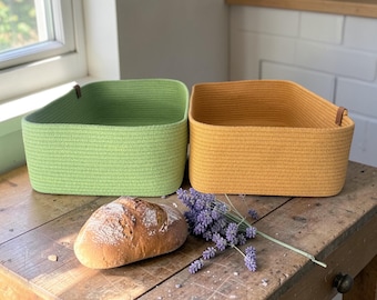 Rectangular Rope Organizer, Handmade Cotton Rope Square Storage Basket, Custom Size Cotton Rope Storage Baskets, Coiled Cotton Rope Baskets