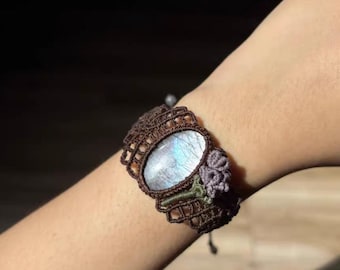 Blue-White Oval Labradorite Macrame Bracelet with Adjustable Closure