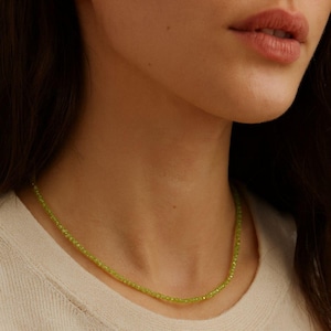 Peridot Dainty Necklace | 3 mm Faceted Green Peridot with Gold Accents | Healing Crystal Jewelry for Renewal, Heart Chakra Illumination