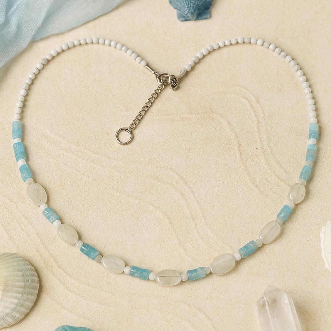 Jewever Moonstone & Aquamarine Gemstone Pendant Necklace For Women - Adjustable 15.7-23.5 Inch, Healing Crystal Spiritual Gift