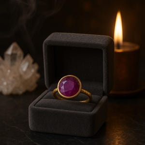 May include: A gold ring with a large, round, deep red gemstone, presented in a gray velvet ring box. The ring is illuminated by a candle, creating a warm, inviting ambiance. A crystal formation is visible in the background.
