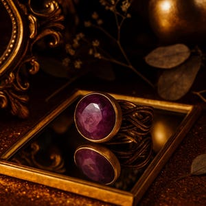 May include: A gold-toned ring with a large, faceted, round, deep pink gemstone. The ring's band has a woven design. The ring is displayed on a small, gold-framed mirror, reflecting the ring's image. The background is a dark, warm tone.
