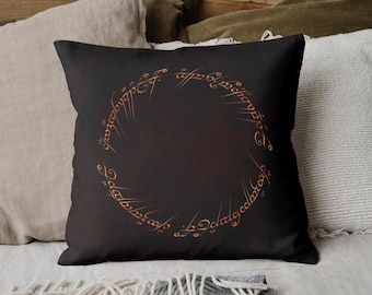 Ring Script Pillow Cover, Black Throw Pillow Case, Elvish Inspired Cushion, Mancave Decor, Geek Gift, Nerdy Home Accent, Living Room Decor