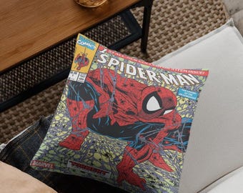Spiderman Comic Book Style Pillow Cover, Superhero Inspired Cushion, Retro Pop Art Throw Pillow, Geeky Room Decor, Comic Art Home Accent