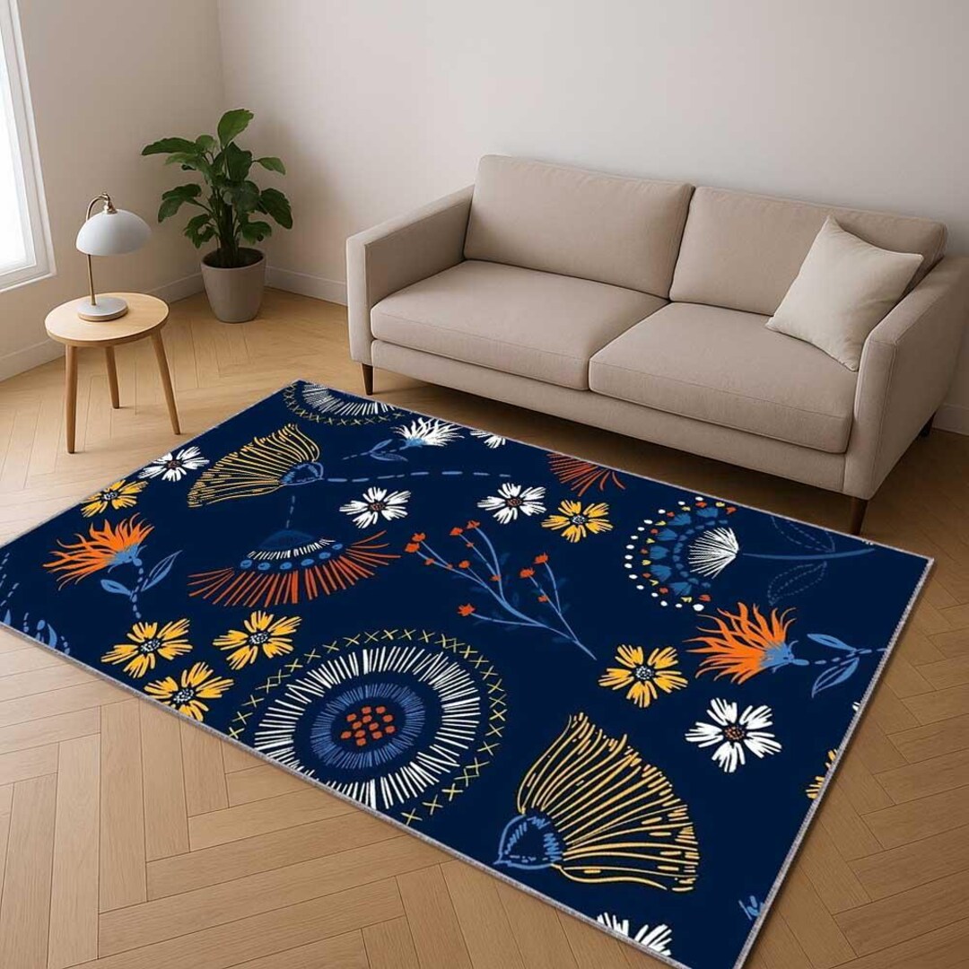 Boho Patterned Rug Boho Floral Rug, Navy Blue Flower Pattern Carpet, Modern Botanical Area ...