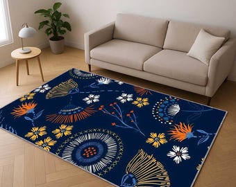 Boho Floral Rug, Navy Blue Flower Pattern Carpet, Modern Botanical Area Rug, Colorful Bohemian Floor Mat, Wildflower Print Kitchen Decor Rug