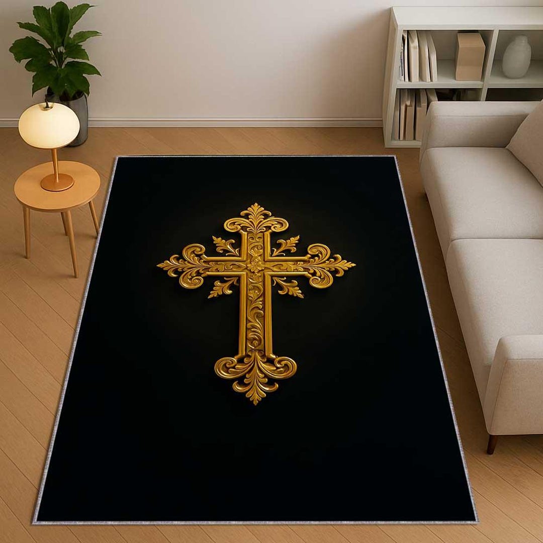 Pulpit Rug Gold Cross Christian Prayer Rug, Religious Area Rug, Church Decor Floor ...