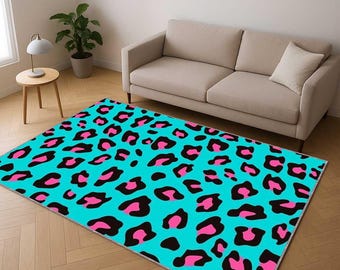 Blau Rosa Leopardenmuster-Teppich, Tierdruck-Teppich, Safari-Dschungelteppich, Boho Glam-Akzentteppich, Modernes Schlafzimmer Jugendzimmerteppich