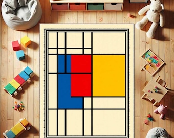 Modern Art Rug, Mondrian Inspired Geometric Carpet, Abstract Color Block Area Rug, Mid Century Modern Home Decor, Contemporary Office Carpet