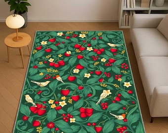 Strawberry and Birds Rug, Botanical Leaf Pattern Carpet, Nursery and Hotel Room Area Rug, Retro Floral Home Decor, Washable Kitchen Accent