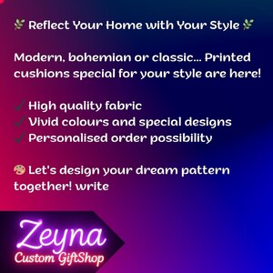 May include: A graphic with a gradient background of purple and blue. Text reads "Reflect Your Home with Your Style." It also says "Printed cushions special for your style are here!" and "Let's design your dream pattern together! write." The logo for Zeyna Custom GiftShop is at the bottom.