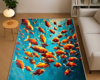Ocean Theme Rug, Orange Fish Pattern Carpet, Coastal Beach Decor, Underwater Sea Life Rug, Nautical Home Rug, Marine Life  Rug, Kitchen Rug
