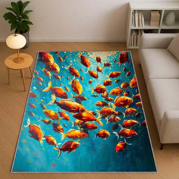 Ocean Theme Rug, Orange Fish Pattern Carpet, Coastal Beach Decor, Underwater Sea Life Rug, Nautical Home Rug, Marine Life  Rug, Kitchen Rug