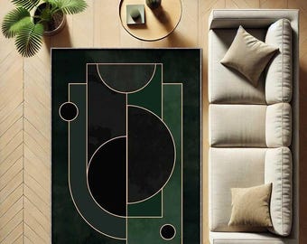 Green Gold Art Deco Rug, Geometric Modern Carpet, Luxury Art Deco Area Rug, 3D Vintage Style Floor Decor, Glam Living Room Rug, Office Rug