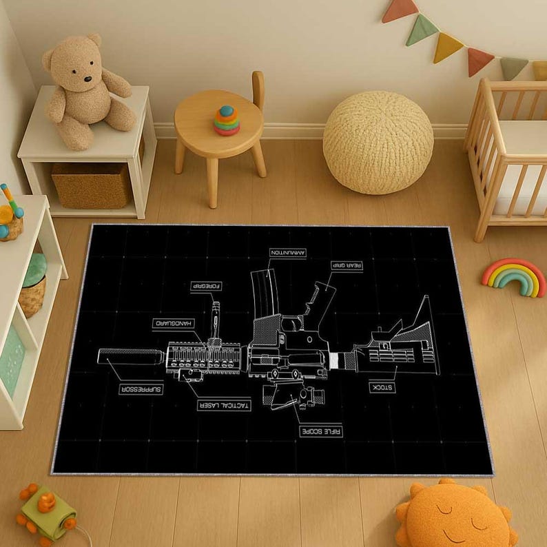 Tactical Blueprint Rug, Military Schematic Art Carpet, Technical Line ...