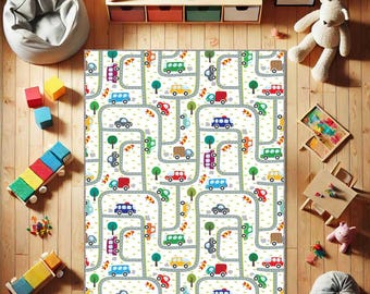 Kids Car Play Rug, Road Map Nursery Rug, Toddler Play Mat with Cars and Roads, Educational Activity Carpet, Boys Room Nursery Kindergarten