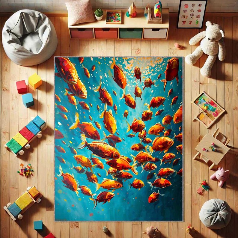 May include: A rectangular area rug featuring a vibrant underwater scene with numerous orange fish swimming in a blue ocean. The rug is surrounded by wooden flooring and children's toys.