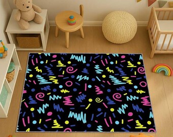 Retro 80s Pattern Rug, Colorful Memphis Style Carpet, Neon Pop Art Floor Decor, 90s Aesthetic Area Rug, Vibrant Abstract Geometric Home Rug
