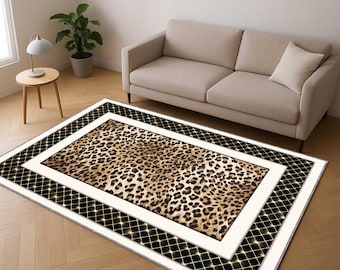 Leopard Print Rug, Art Deco Washable Carpet, Safari Jungle Area Rug, Boho Glam Accent Rug, Modern Living Room Bedroom Home Decor Carpet