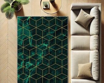 Emerald Green Art Deco Rug, Geometric Modern Carpet, Luxury Art Deco Area Rug, Vintage Style Floor Decor, Glam Living Room Rug, Office Rug