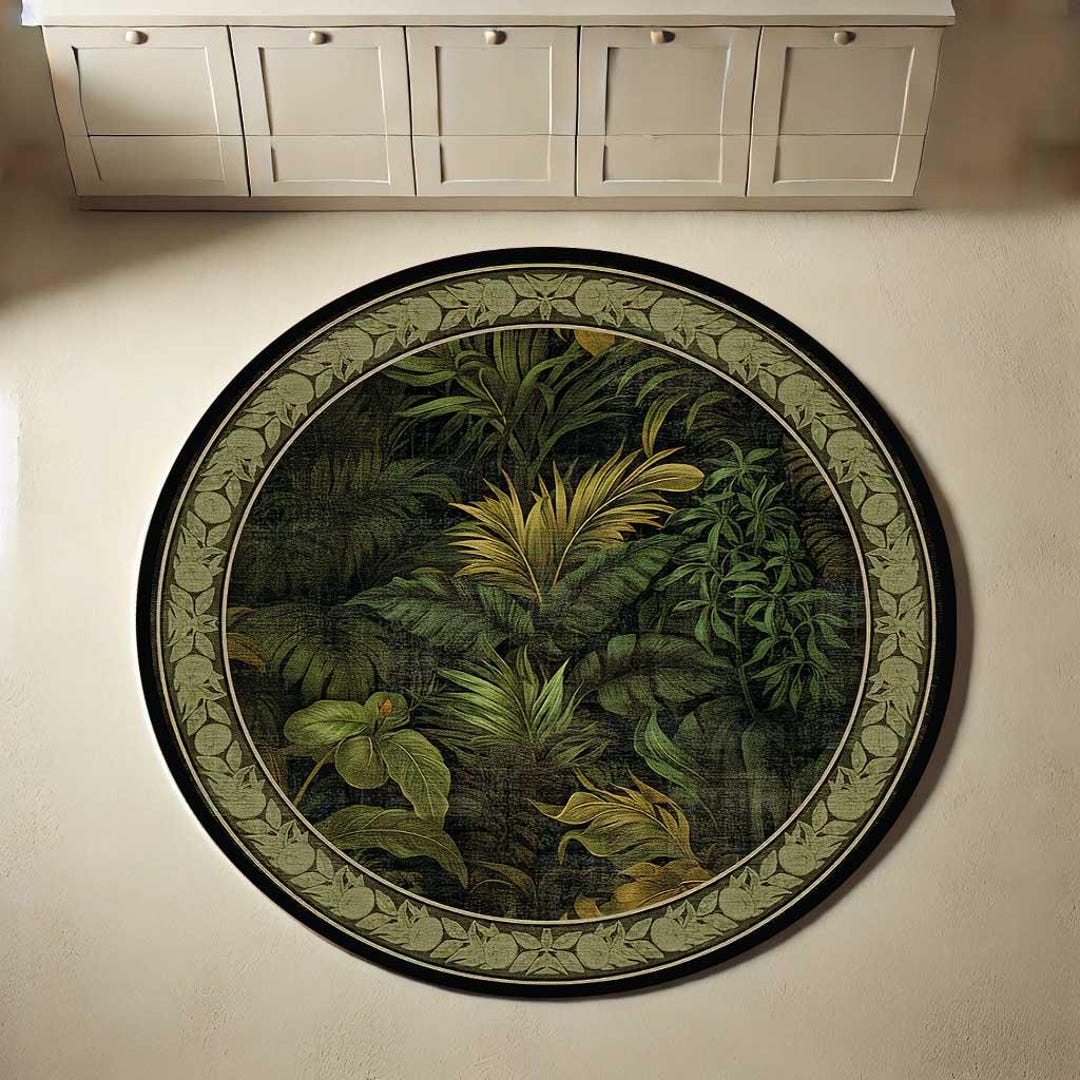 Kitchen Circle Rugs Green Leaf Round Area Rug, Kitchen Round Rug With Botanical Pattern ...