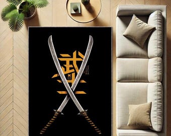 Samurai Sword Rug, Katana Anime Carpet, Japanese Warrior Home Decor, Martial Arts Rug, Japan Style Area Carpet for Otaku Room, Man Cave Rug