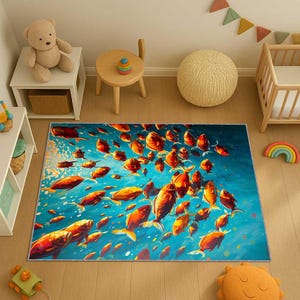 May include: A rectangular area rug featuring a vibrant underwater scene with numerous orange and yellow fish swimming against a blue background. The rug is designed for a child's room, with a playful and colorful aesthetic.