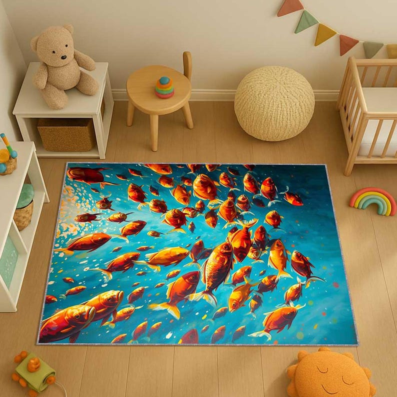 May include: A rectangular area rug featuring a vibrant underwater scene with numerous orange and yellow fish swimming against a blue background. The rug is designed for a child's room, with a playful and colorful aesthetic.