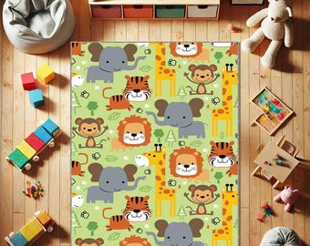 Zoo Animal Rug, Nursery Jungle Carpet, Exotic Animals Kids Room Decor, Wildlife Nursery Area Rug, Playroom Safari Mat, Lion Elephant Giraffe
