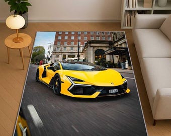 Yellow Sports Car Rug, Man Cave Carpet, Racing Car Area Rug, Fast Car Decor for Garage, Auto Enthusiast Gift, Luxury Car Themed Floor Mat