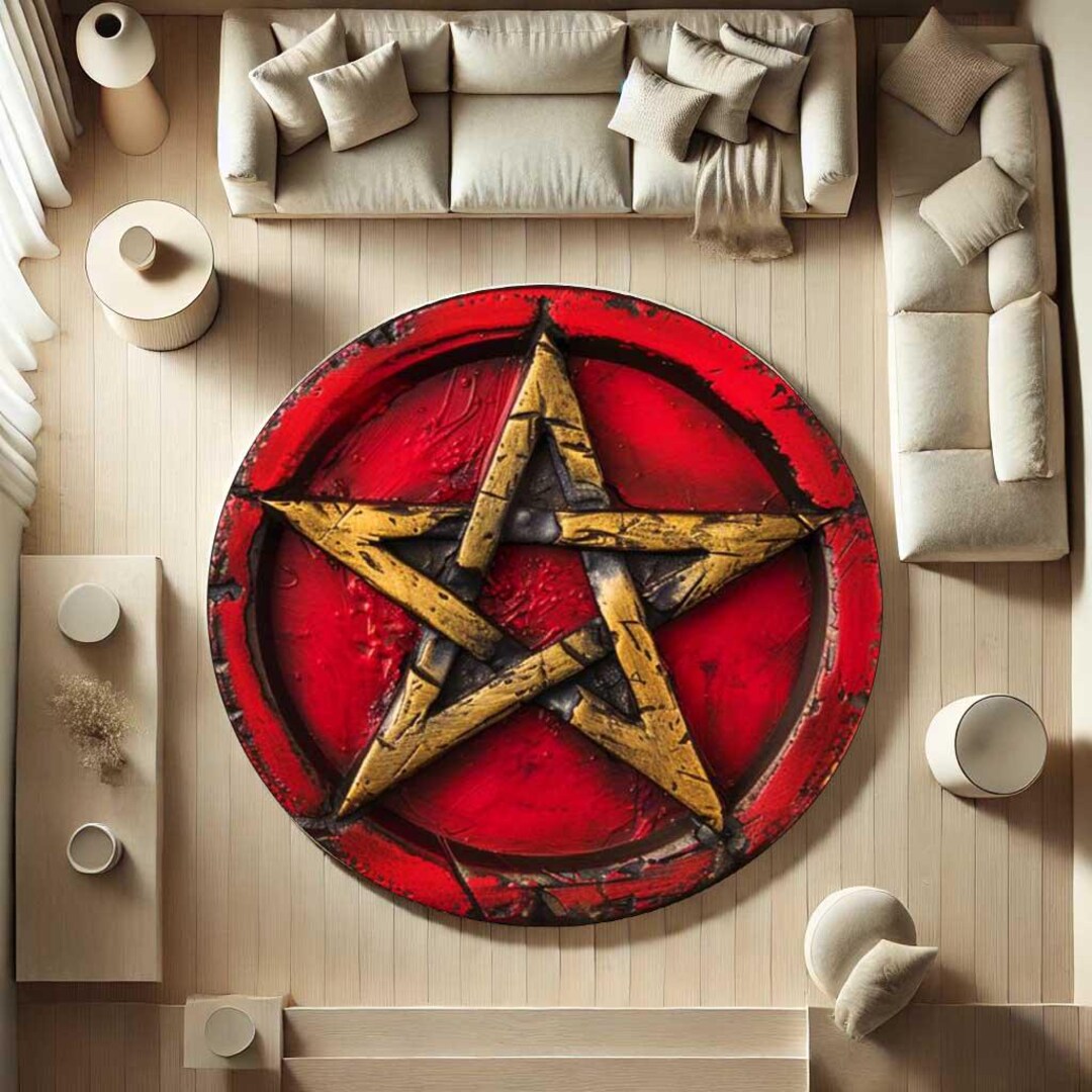 Pentagram Rug Design Pentagram Round Rug, Gothic Occult Man Cave Decor, Red Gold Satanic ...