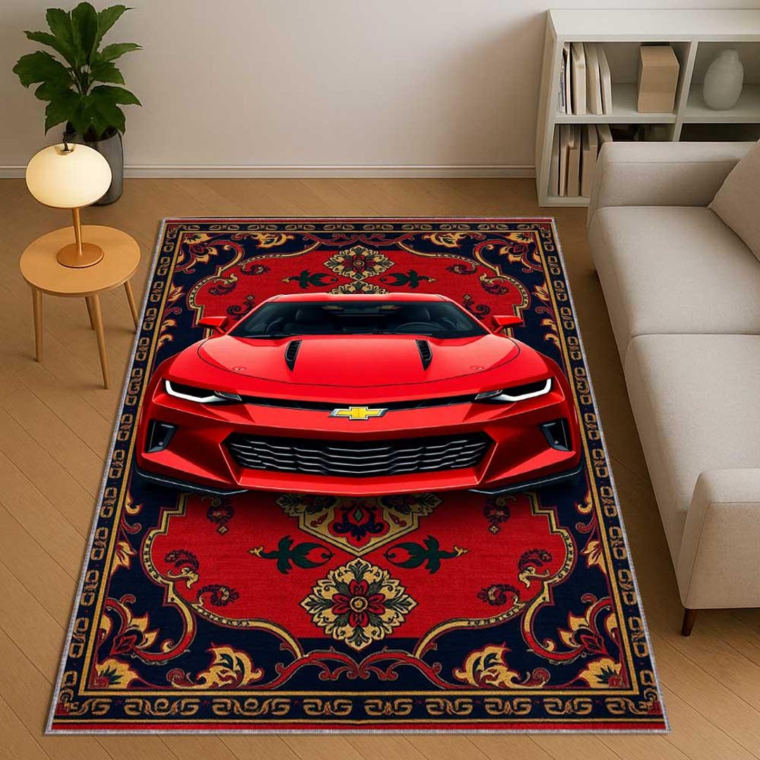 Camaro Inspired Area Rug, Anatolian Kilim Pattern Car Rug, Garage ...