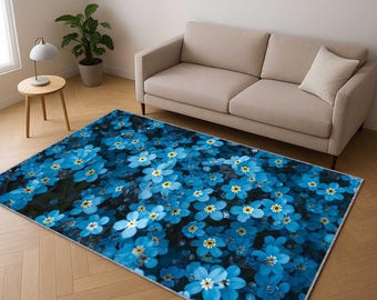 Blue Floral Area Rug, Spring Kitchen Rug, Botanical Flower Carpet, Cottagecore Kitchen Decor, Modern Floral Floor Rug, Bedroom Accent Rug