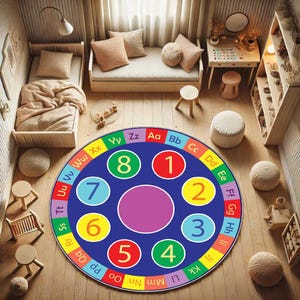Alphabet Kids Round Rug, ABC Learning Carpet, Classroom Circle Rug, Preschool Playroom Decor, Homeschool Educational Rug, Numbers Nursery
