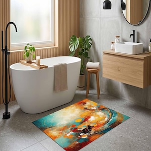 Può includere: Un tappetino da bagno rettangolare con un design astratto caratterizzato da vortici vibranti di verde acqua, arancione bruciato, giallo e bianco. Il motivo include forme circolari e sottili linee scure su uno sfondo pittorico.