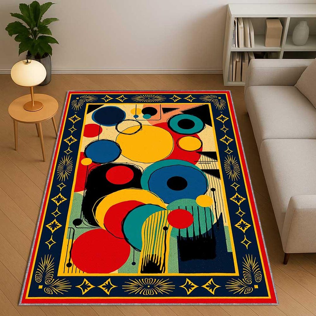 Kandiski Rug Colorful Kandinsky Inspired Rug, Art Deco Framed Modern Art Carpet, Mid ...