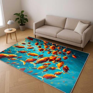 May include: A rectangular area rug featuring a vibrant underwater scene with numerous orange and yellow fish swimming in a blue ocean. The rug has a detailed, artistic design, adding a decorative element to the room.