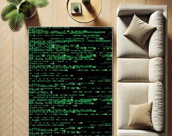 Matrix Code Area Rug, Green Digital Text Washable Rug, Cyberpunk Themed Carpet, Gamer Room Bedroom Rug, Custom Rug, Geek Sci Fi Home Decor