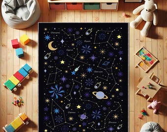 Galaxy Rug with Stars and Planets, Space Themed Area Rug, Universe Cosmic Carpet, Celestial Astronomy Decor, Modern Kids Room Floor Mat