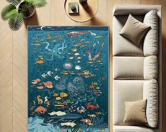 Ocean Reef Rug, Underwater Coral Carpet, Sea Life Area Rug, Coastal Home Decor, Marine Theme Floor Mat, Beach House Rug, Tropical Ocean Rug