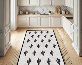 Cactus Kitchen Runner Rug, Black Frame Cactus Floor Mat, Modern Botanical Rug, Non Slip Kitchen Carpet, Laundry Room Runner, Farmhouse Rug